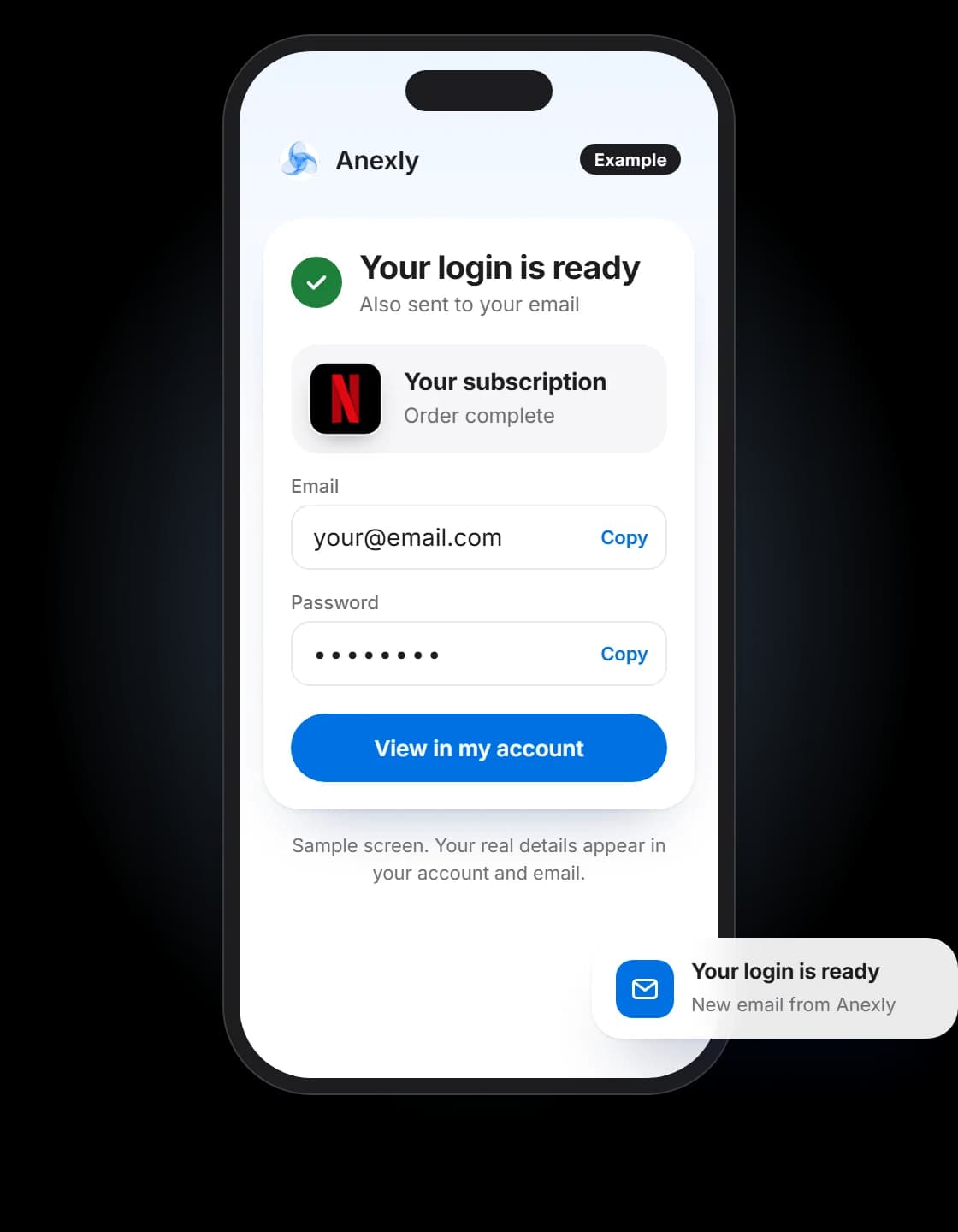 Example of an Anexly order on a phone: a 'Your login is ready' card with sample email and masked password, and an email notice