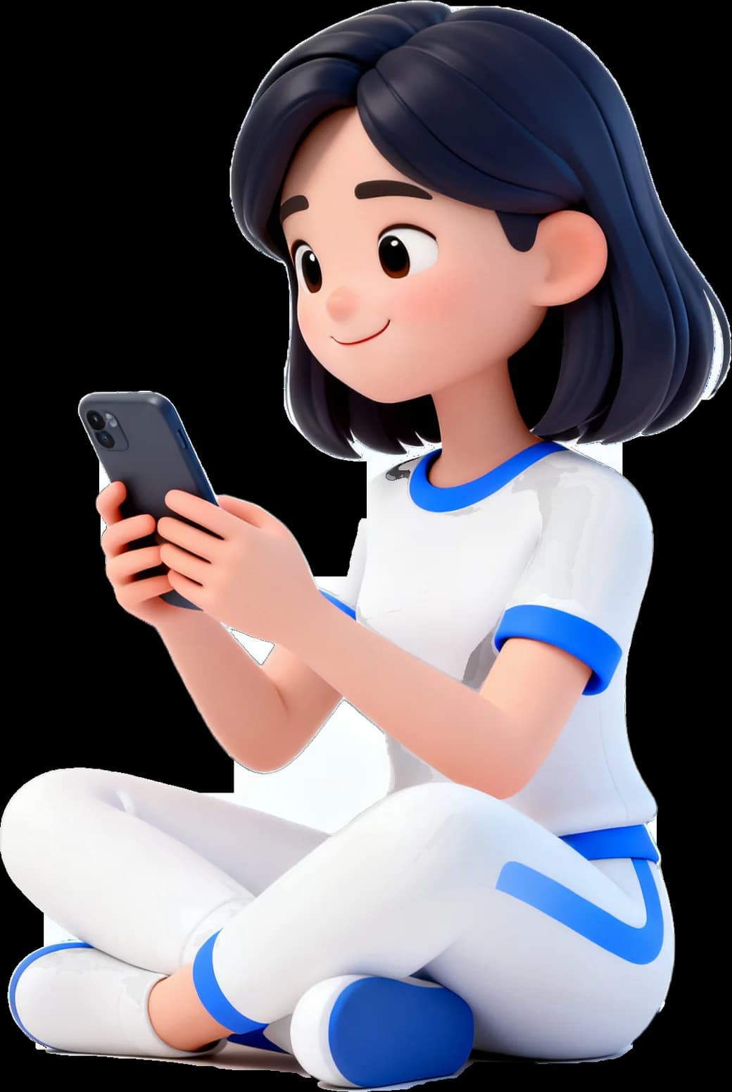 A cartoon woman sitting cross-legged, smiling at her phone