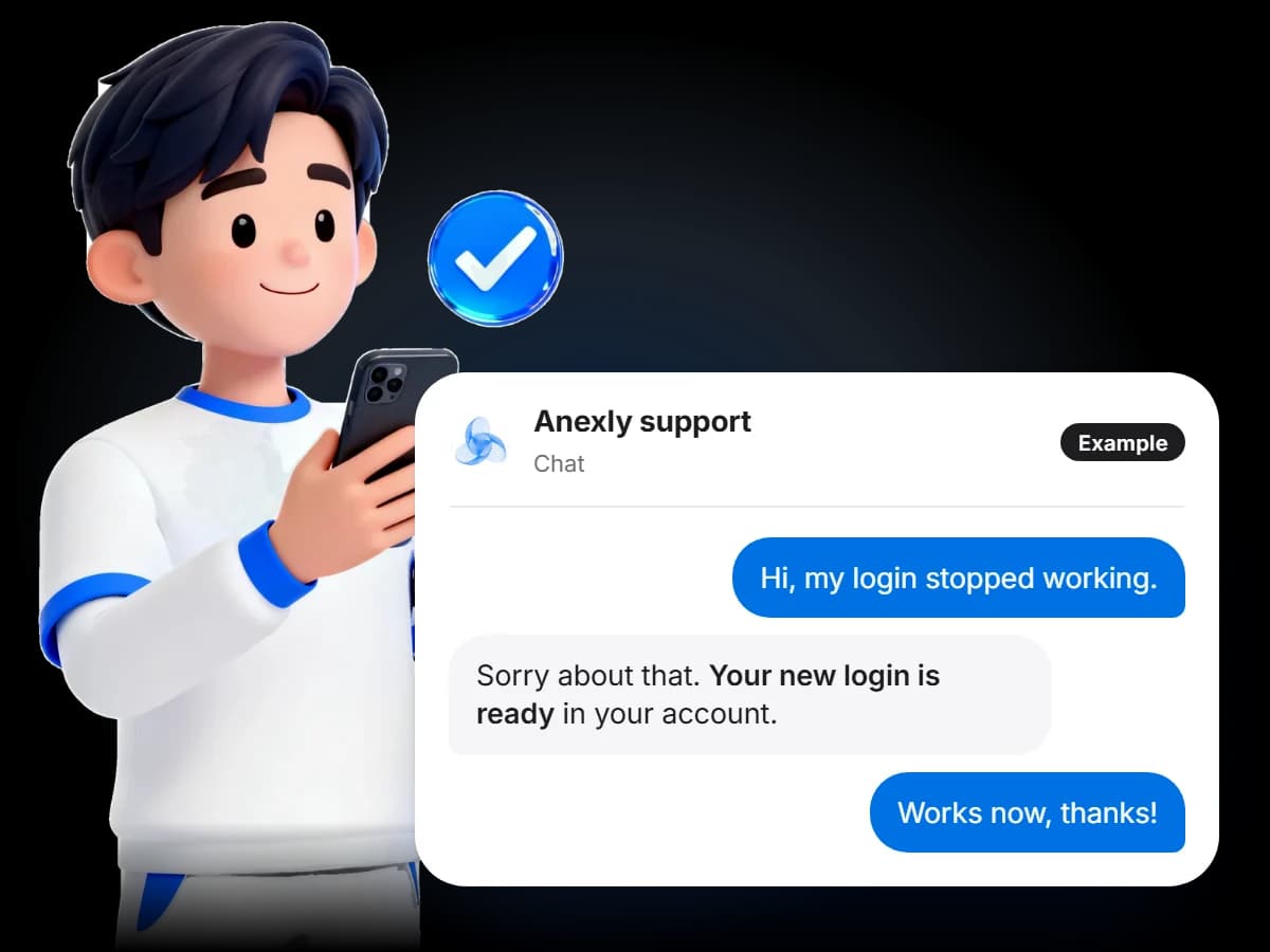 A cartoon customer holding a phone beside an example support chat that says 'Your new login is ready'