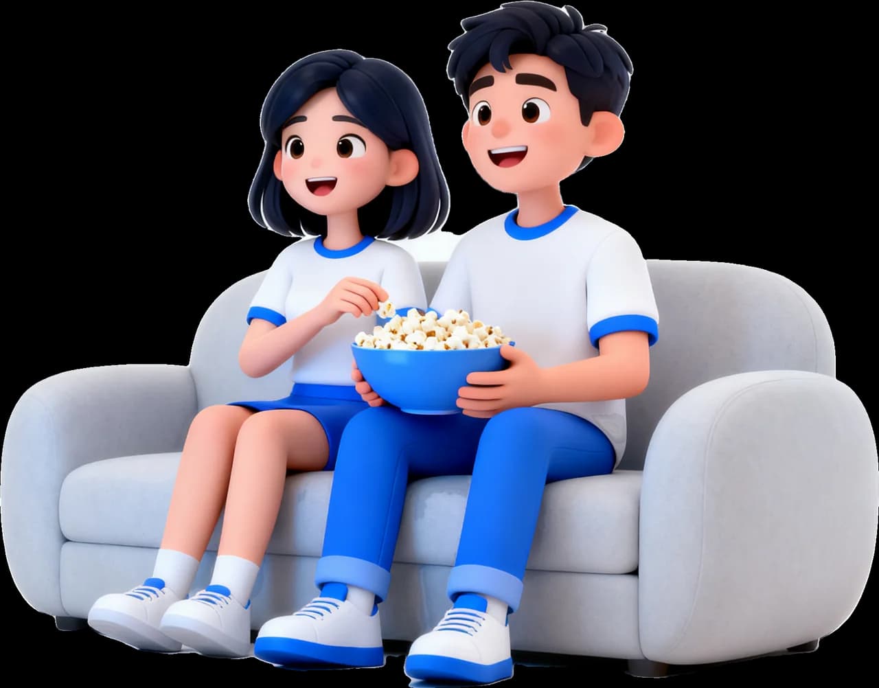 Two cartoon friends on a sofa sharing popcorn while they watch a show