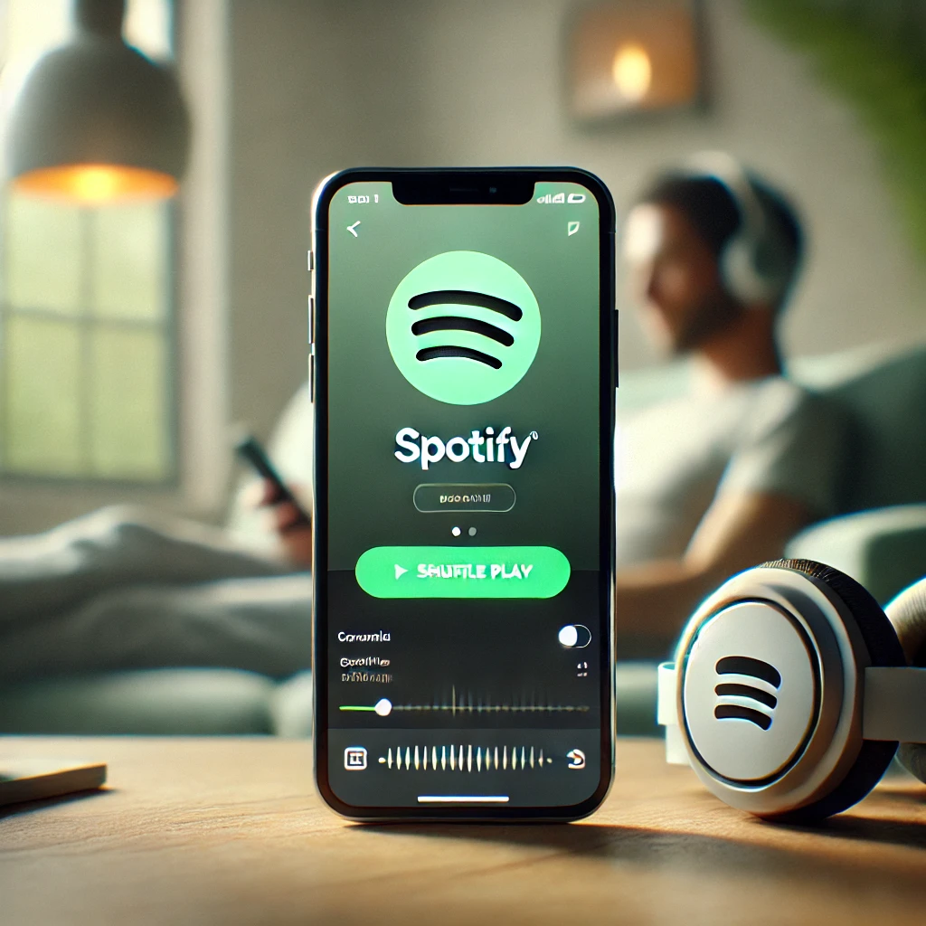 Person listening to music on headphones with Spotify app on mobile phone, enjoying premium features in a cozy setting.