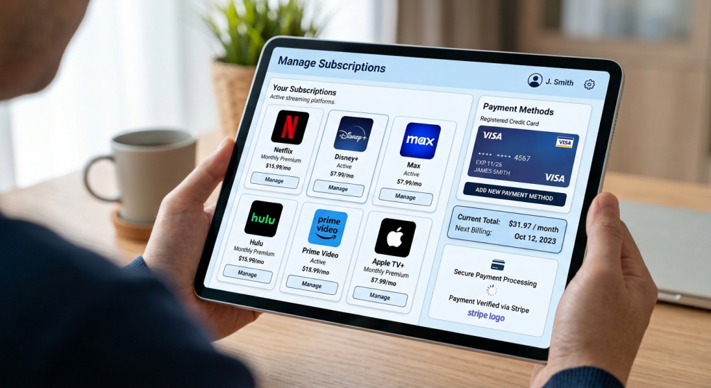 Subscription sites payment interface showing streaming platforms and pricing options
