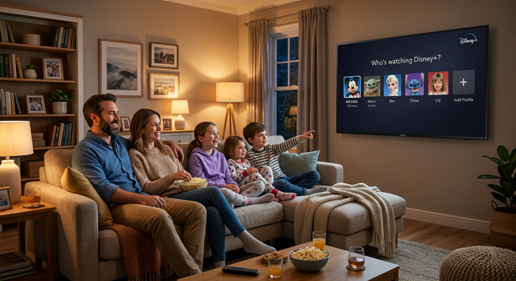 Disney account sharing with family profiles on TV screen