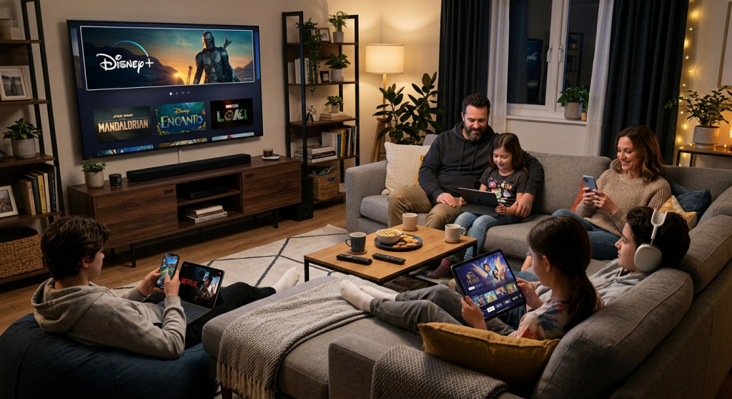 Family streaming Disney Plus on multiple devices showing how to bypass Disney Plus household limitations