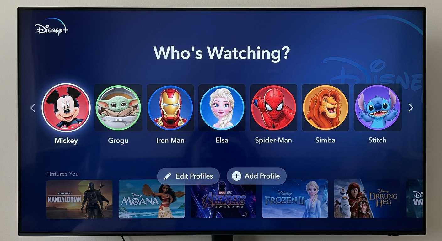 Disney Plus profile selection screen showing sharing Disney Plus account options