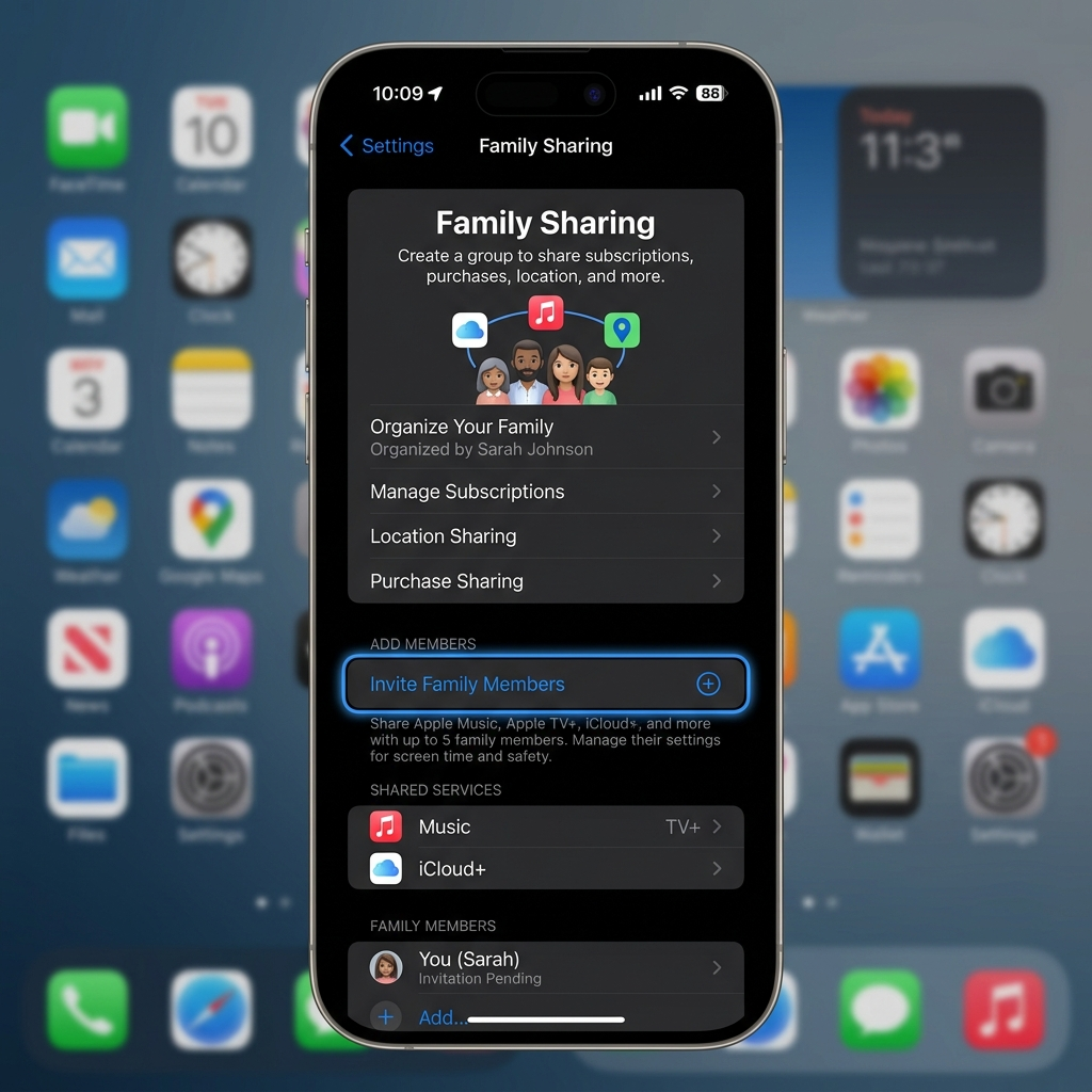 iPhone interface showing how to share Apple Music subscription through Family Sharing settings