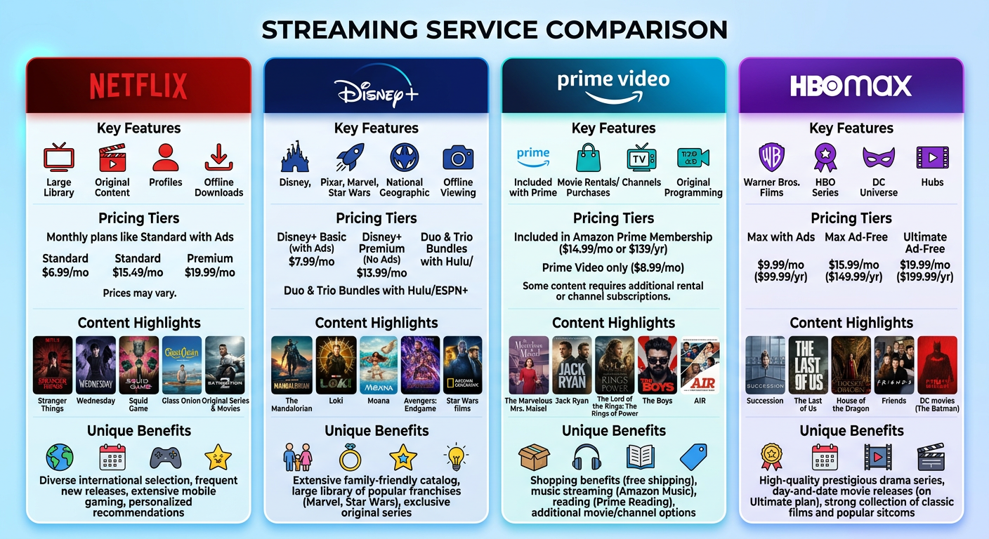 Popular subscription sites comparison chart with pricing and features