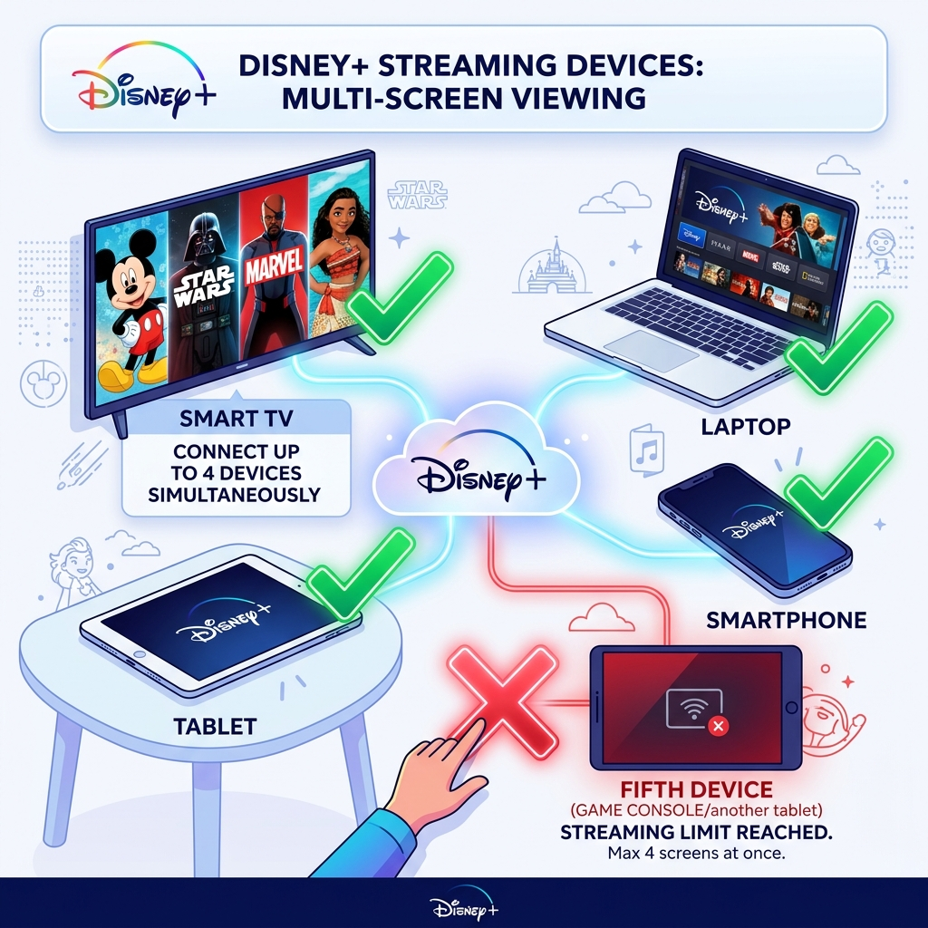 Diagram showing sharing Disney Plus account simultaneous streaming limits