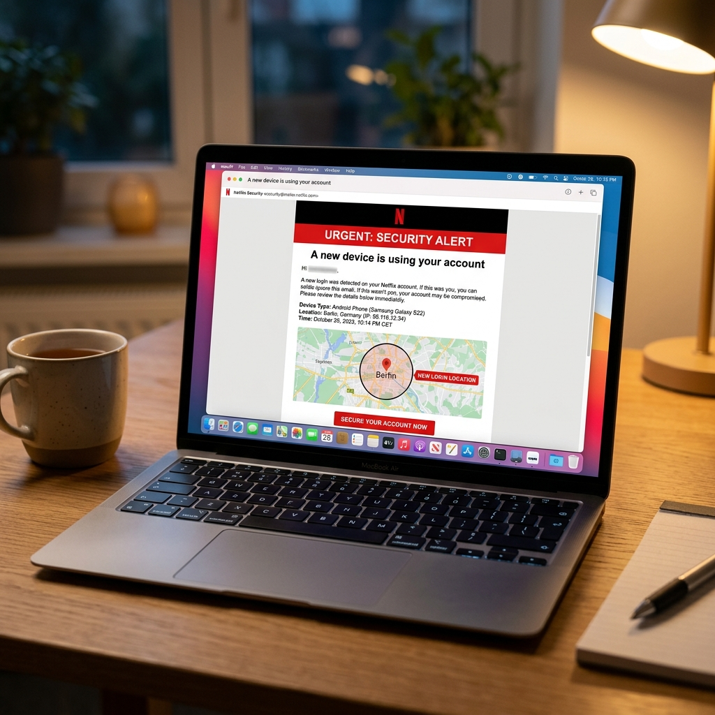 Netflix login notification email showing when someone logs in from new device