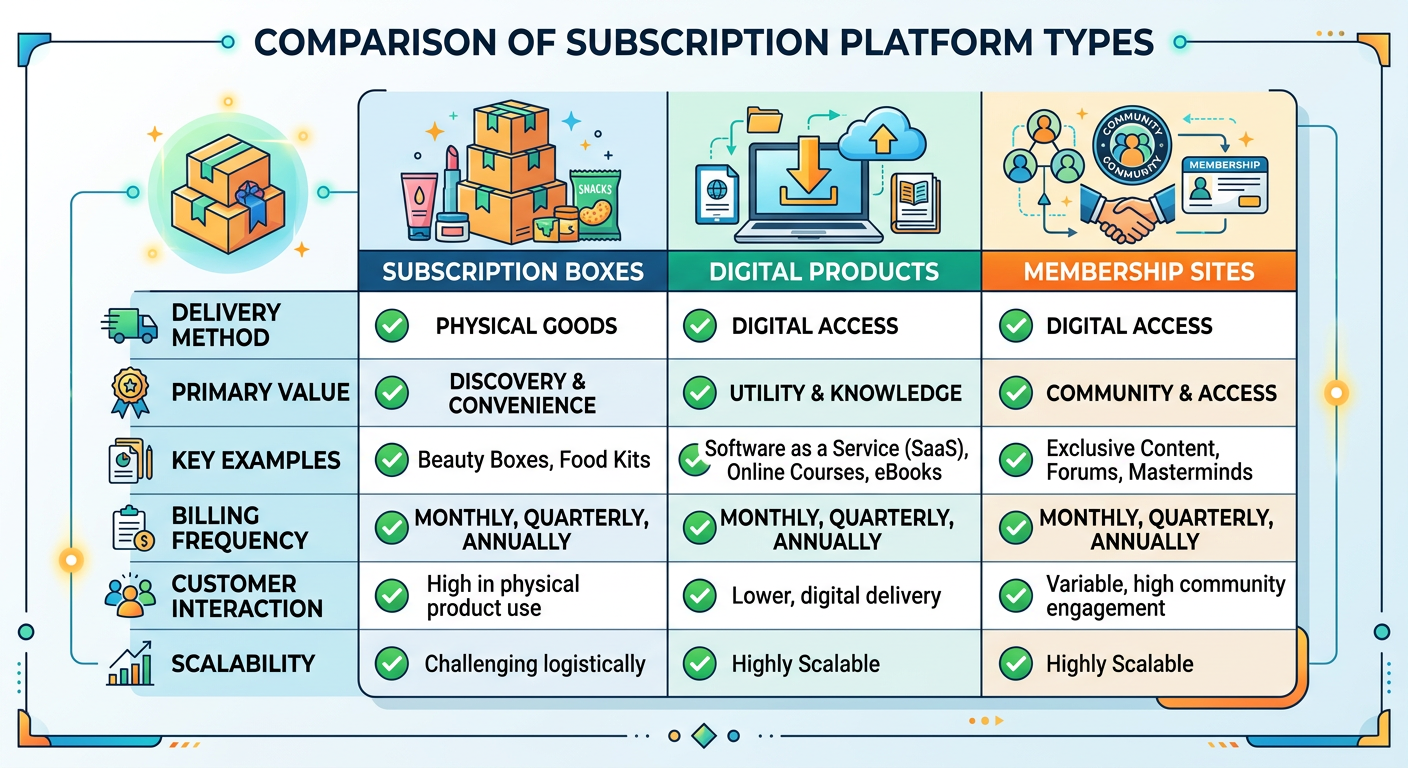 ecommerce subscription platform comparison chart for different business models