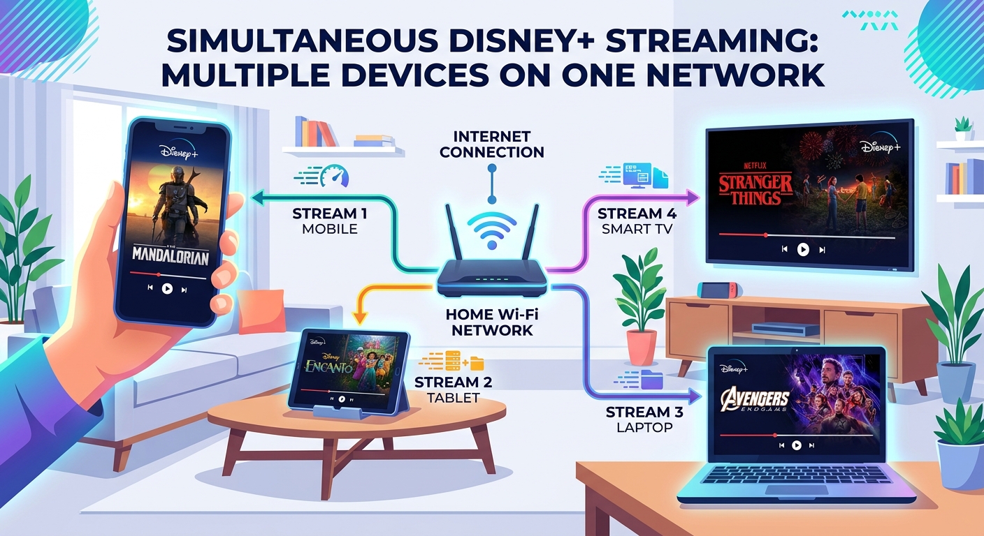 Four devices streaming Disney Plus simultaneously showing sharing limitations