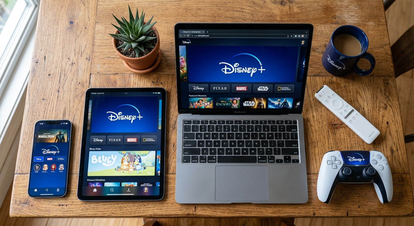 Multiple devices showing Disney Plus app for how to share play Disney Plus across platforms