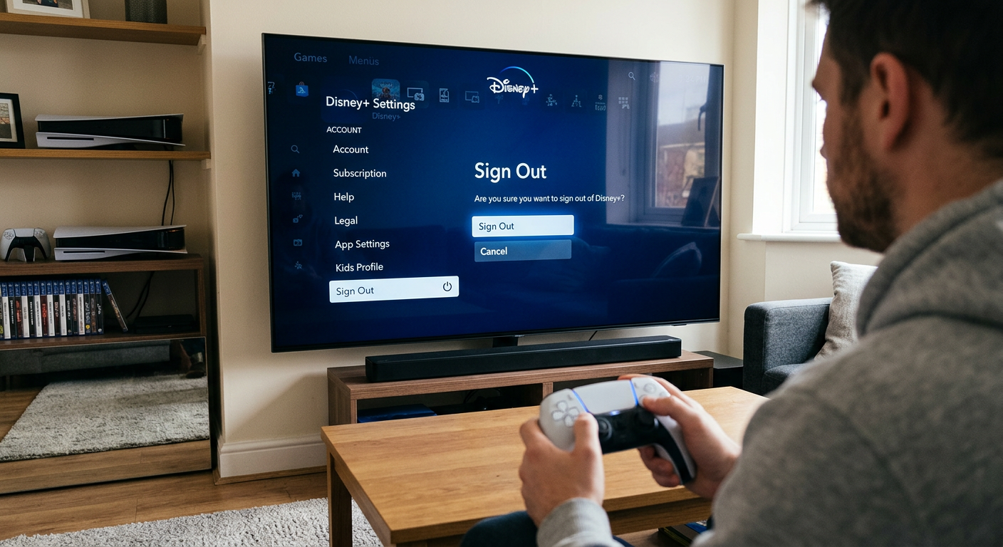 Disney Plus log out settings on gaming console interface screen