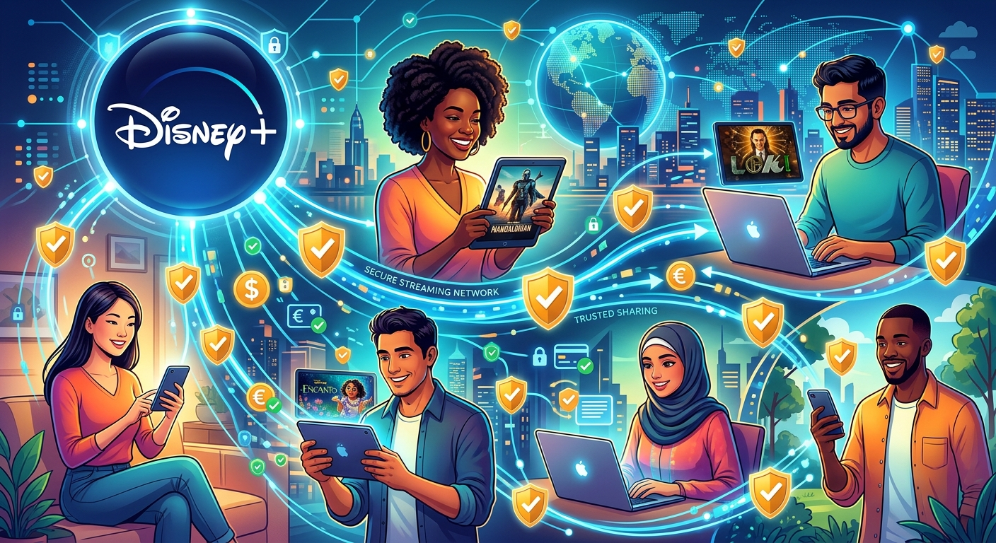 Secure subscription sharing network for Disney Plus with trusted users
