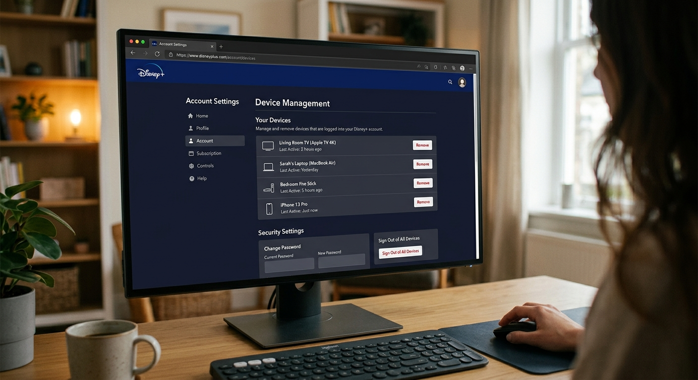 Disney Plus account settings showing sharing Disney Plus account device management