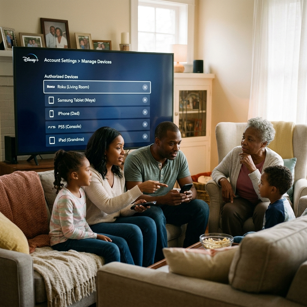 Family managing Disney Plus household account showing proper ways to get around Disney Plus household limits