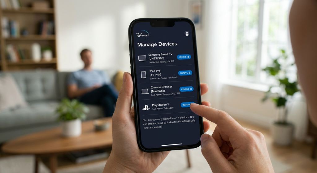 Disney Plus sign out of devices management screen showing connected device list