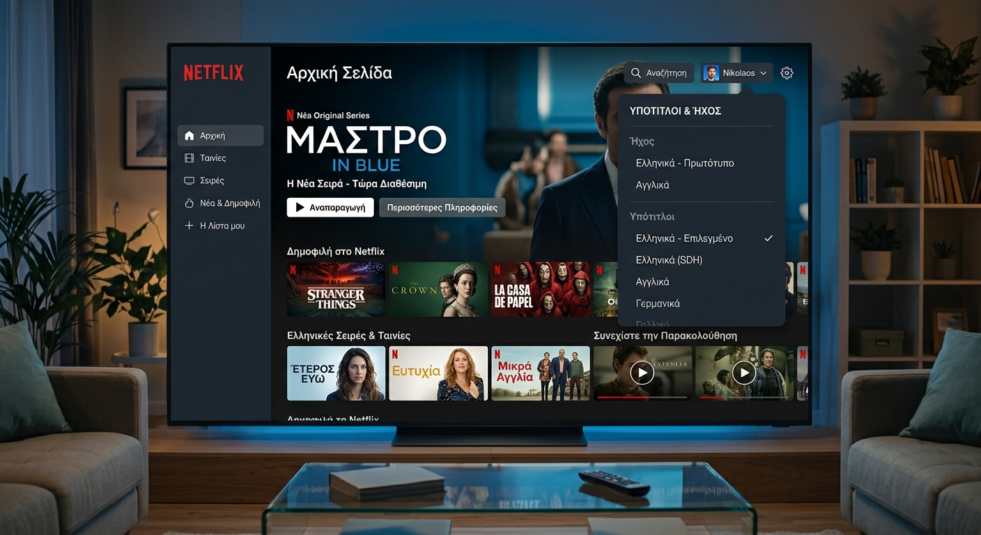 Greek streaming services interface with language options and content categories