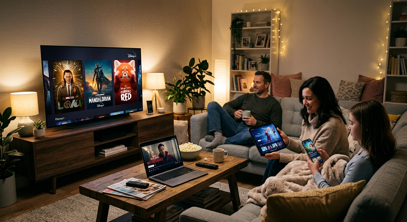 Disney Plus number of devices showing four simultaneous streams on different screens