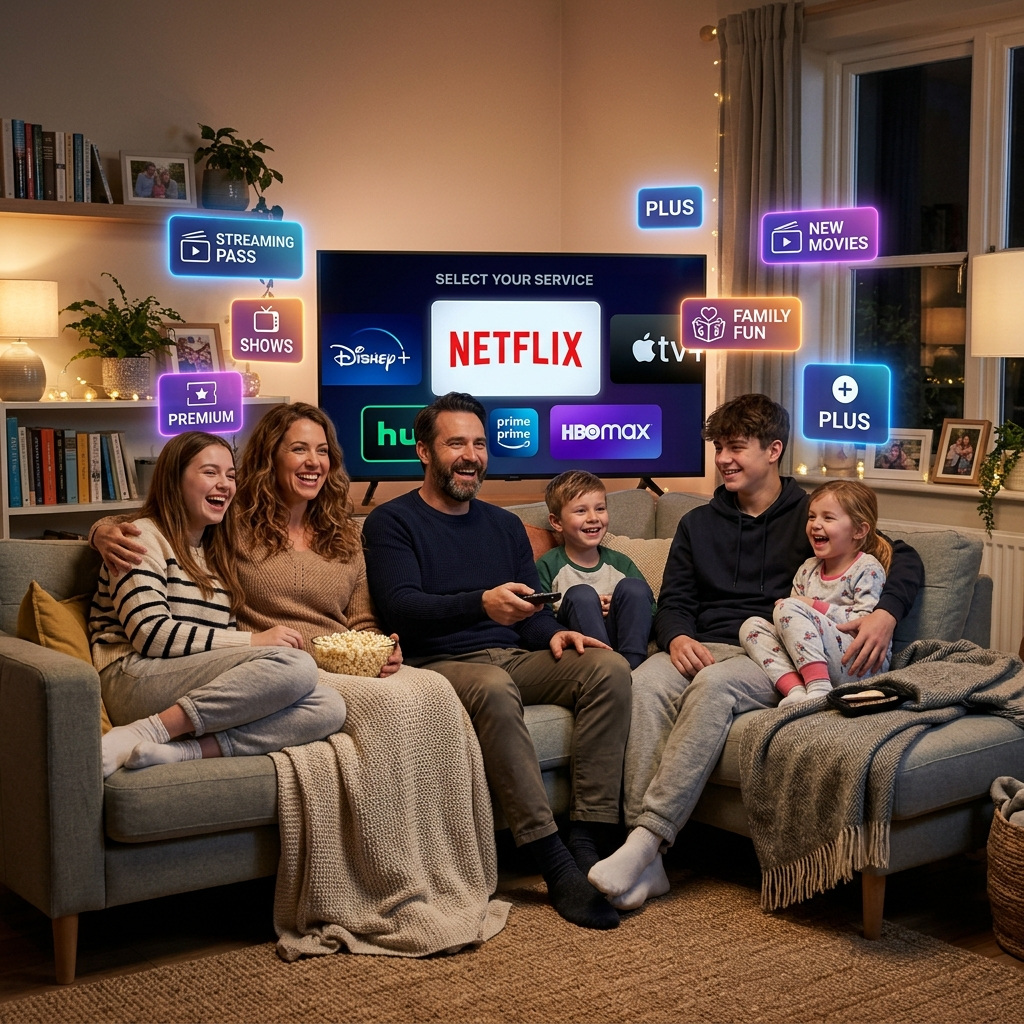 Family box subscription services displayed on TV with multiple streaming platforms