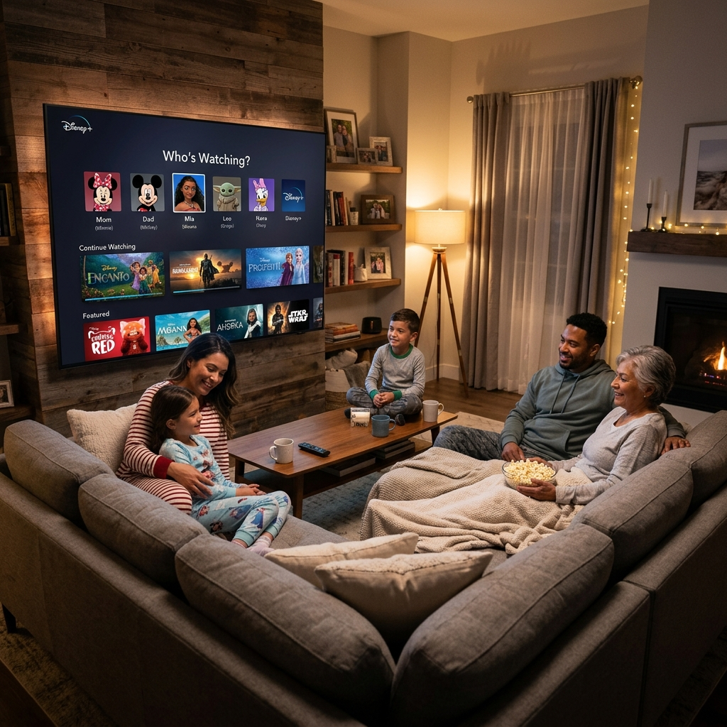 Family watching Disney Plus household update limit compliant streaming setup