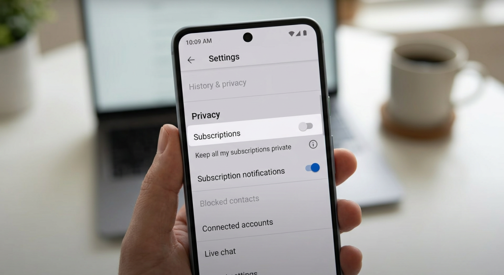YouTube privacy settings screen showing how to hide subscriptions YouTube visibility options