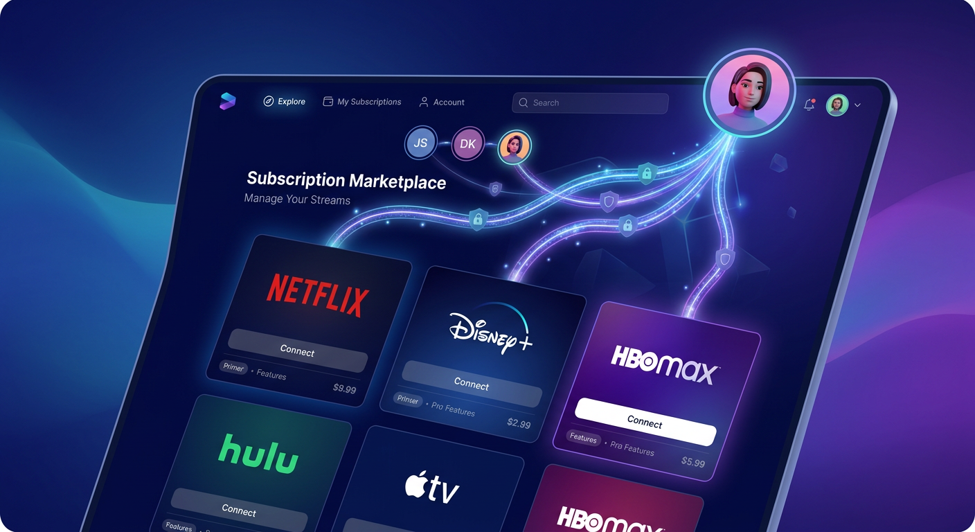 Subscription marketplace platform connecting users securely to streaming services