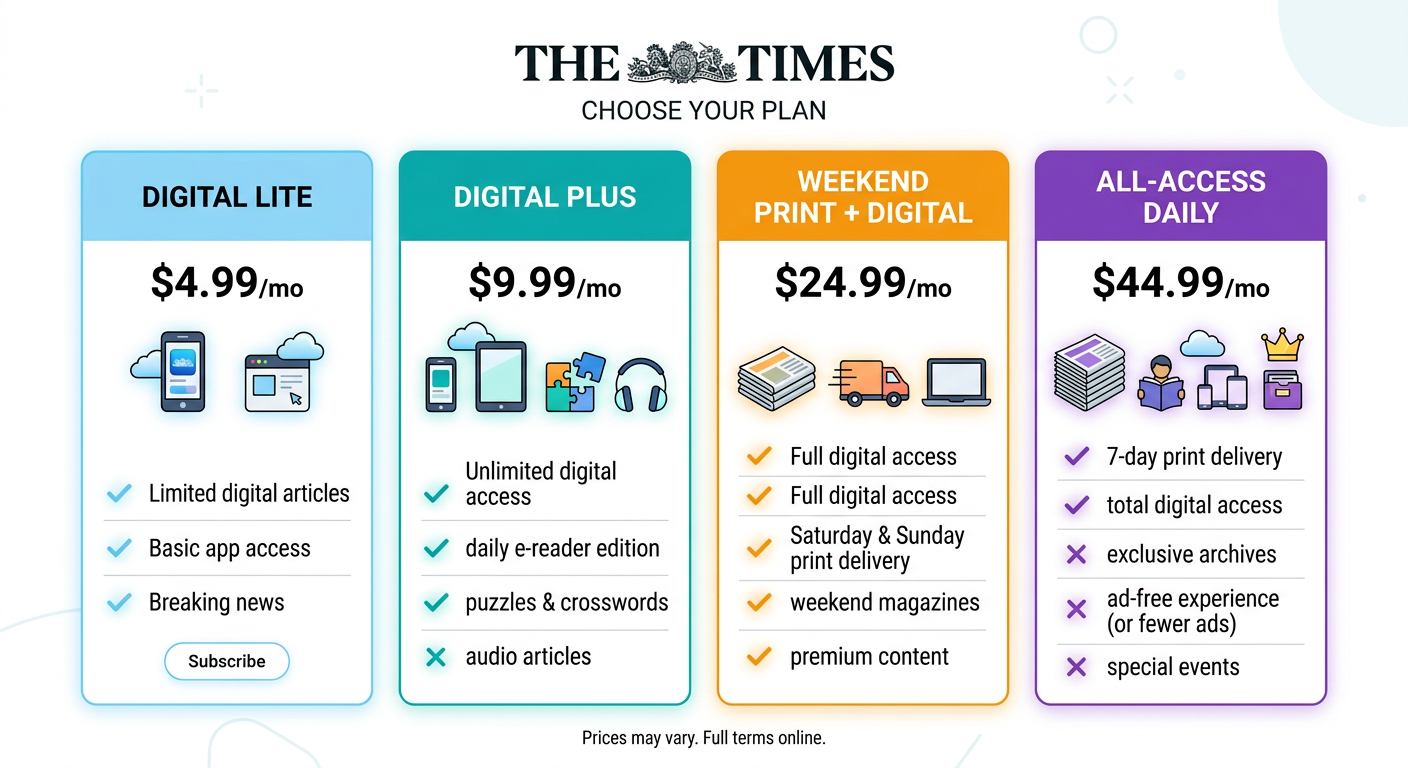 The times subscription cost comparison chart showing four pricing tiers from digital to premium access