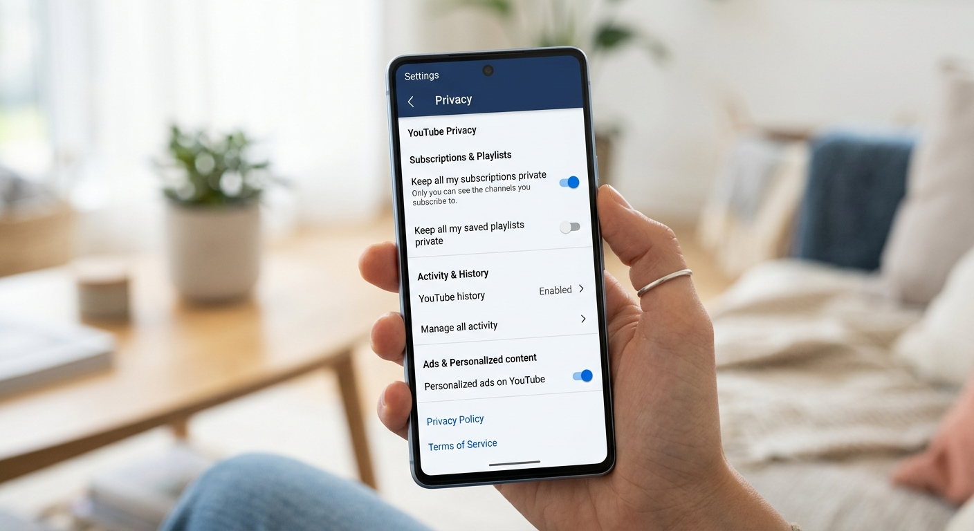 YouTube hide subscriptions privacy settings screen on mobile device