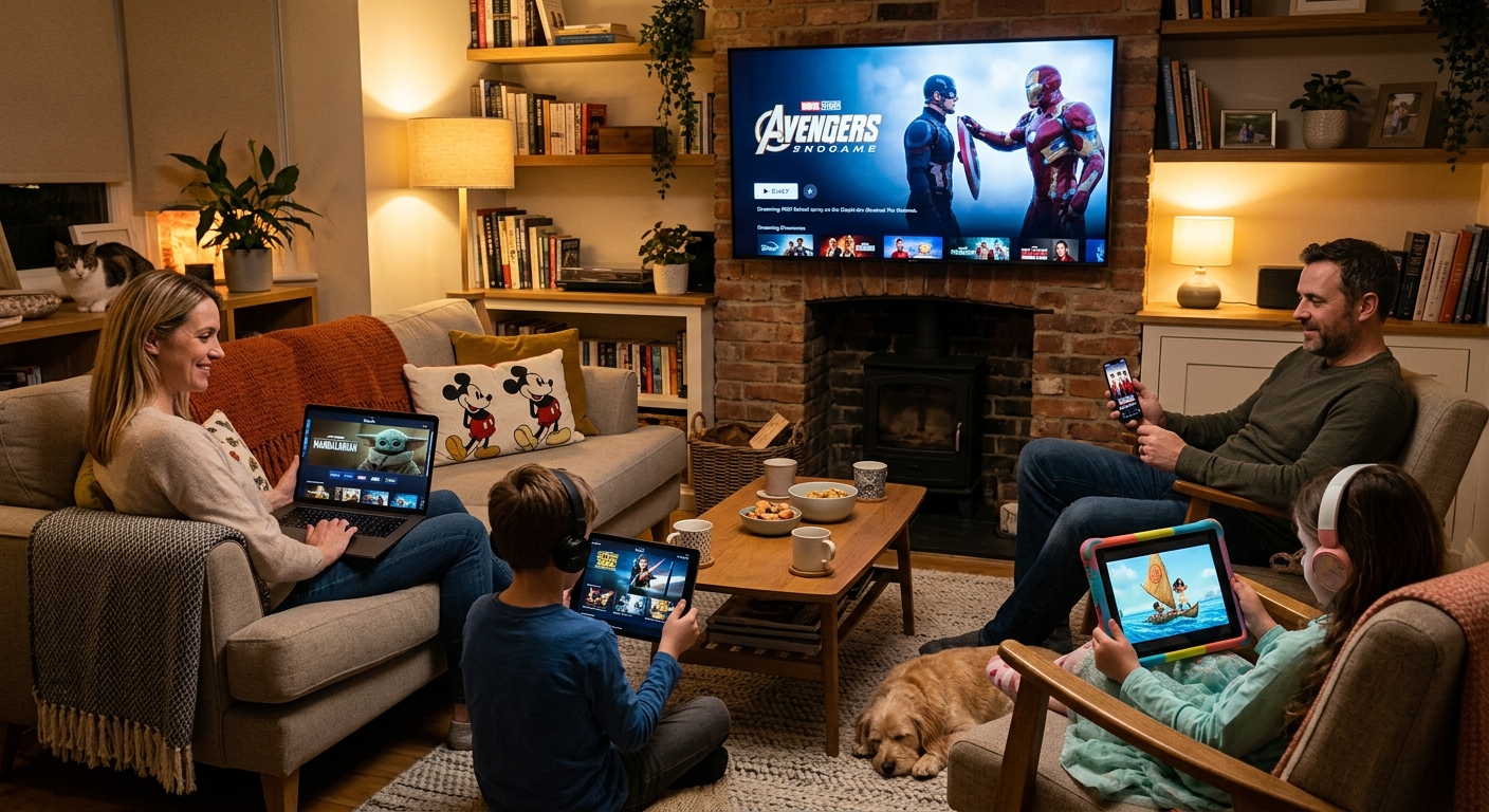 Family demonstrating how many people can log into Disney Plus simultaneously across four devices