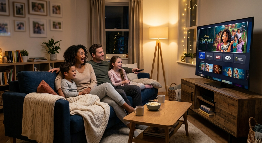 Family watching Disney Plus showing how to add extra member to Disney Plus subscription