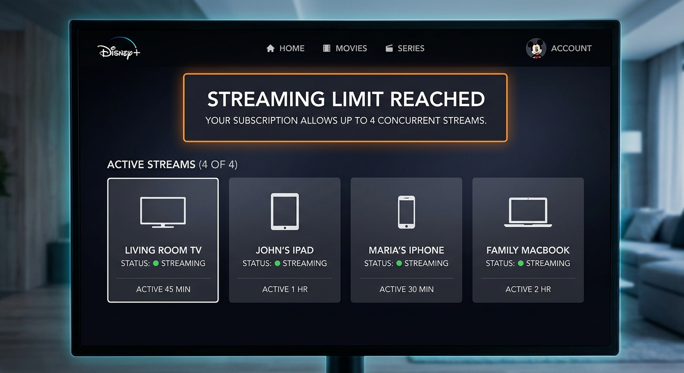 Disney plus number of devices dashboard showing four simultaneous streams active