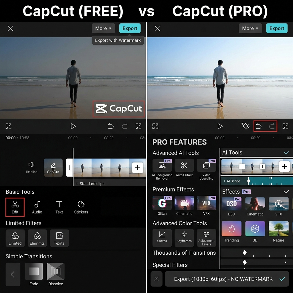 CapCut cheap subscription feature comparison showing Pro benefits over free version