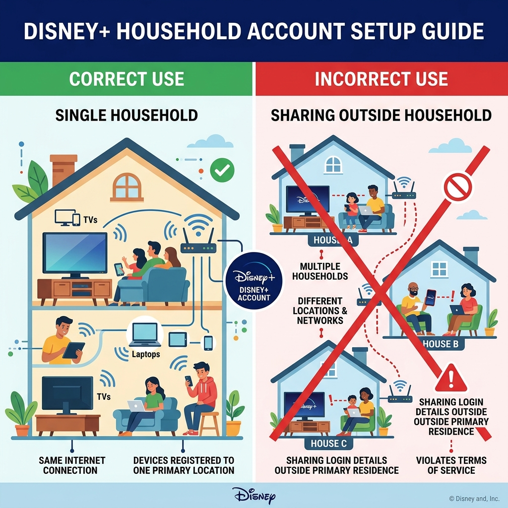 Infographic comparing correct disney plus this tv not part of household setup with prohibited sharing