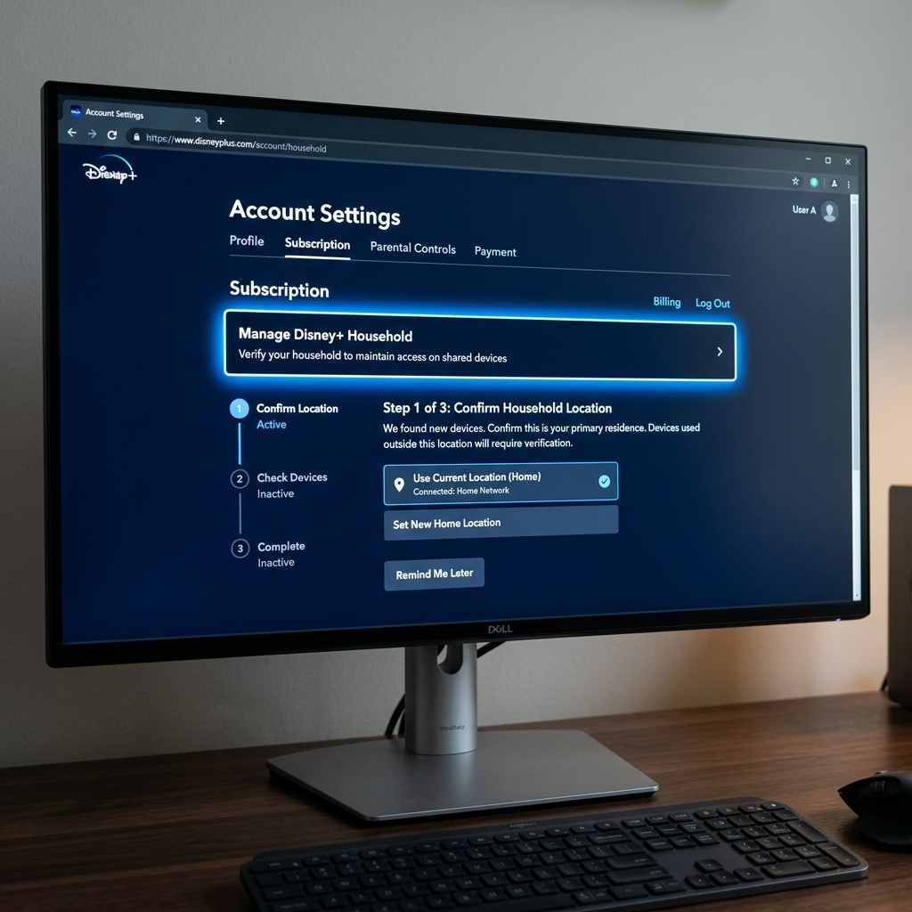 Disney Plus verify household settings screen and verification options