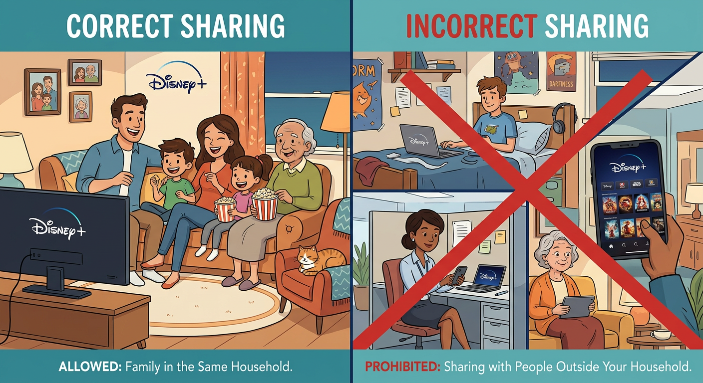 Disney Plus household limit compliance showing proper and improper account sharing