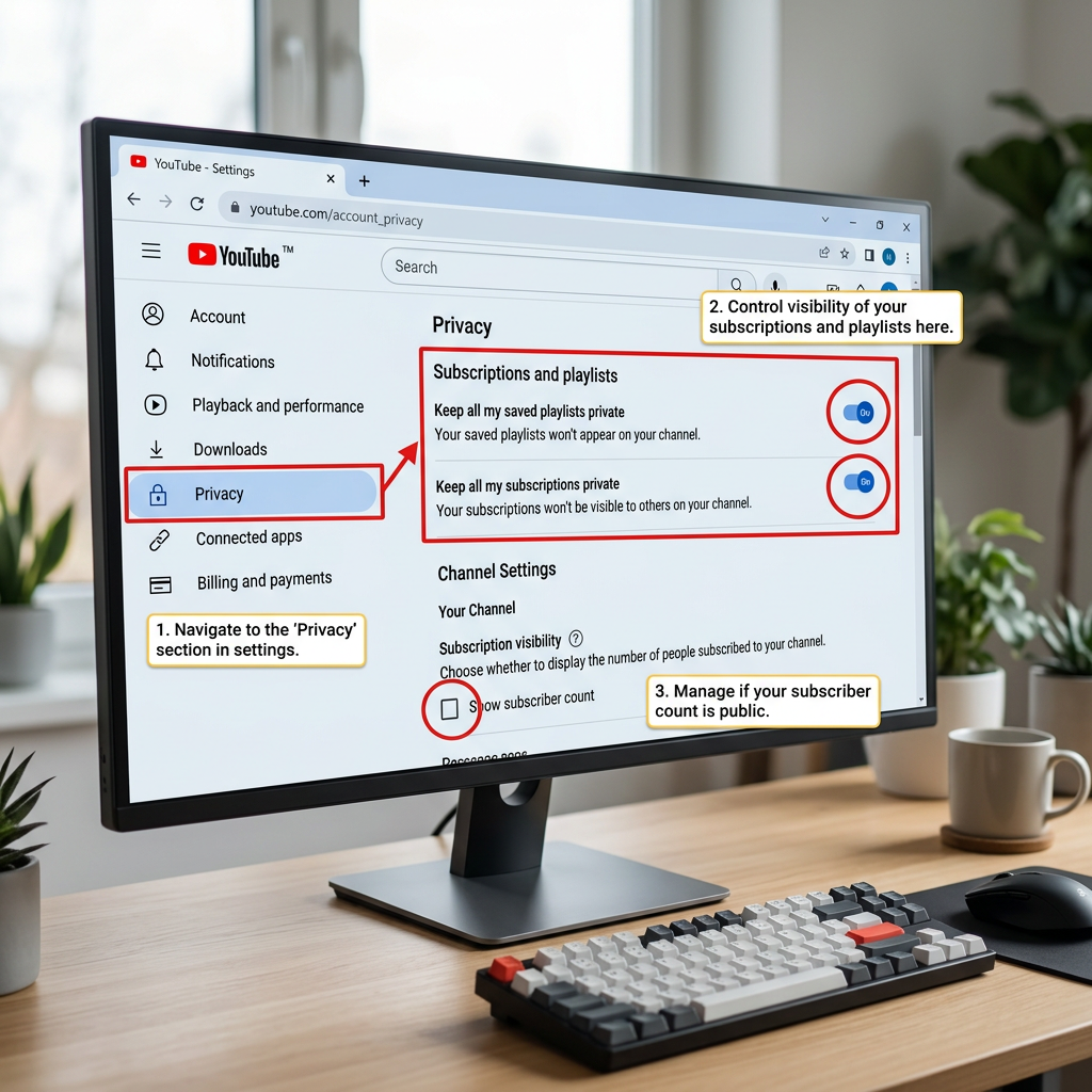 YouTube desktop settings showing privacy controls to hide subscriptions YouTube list