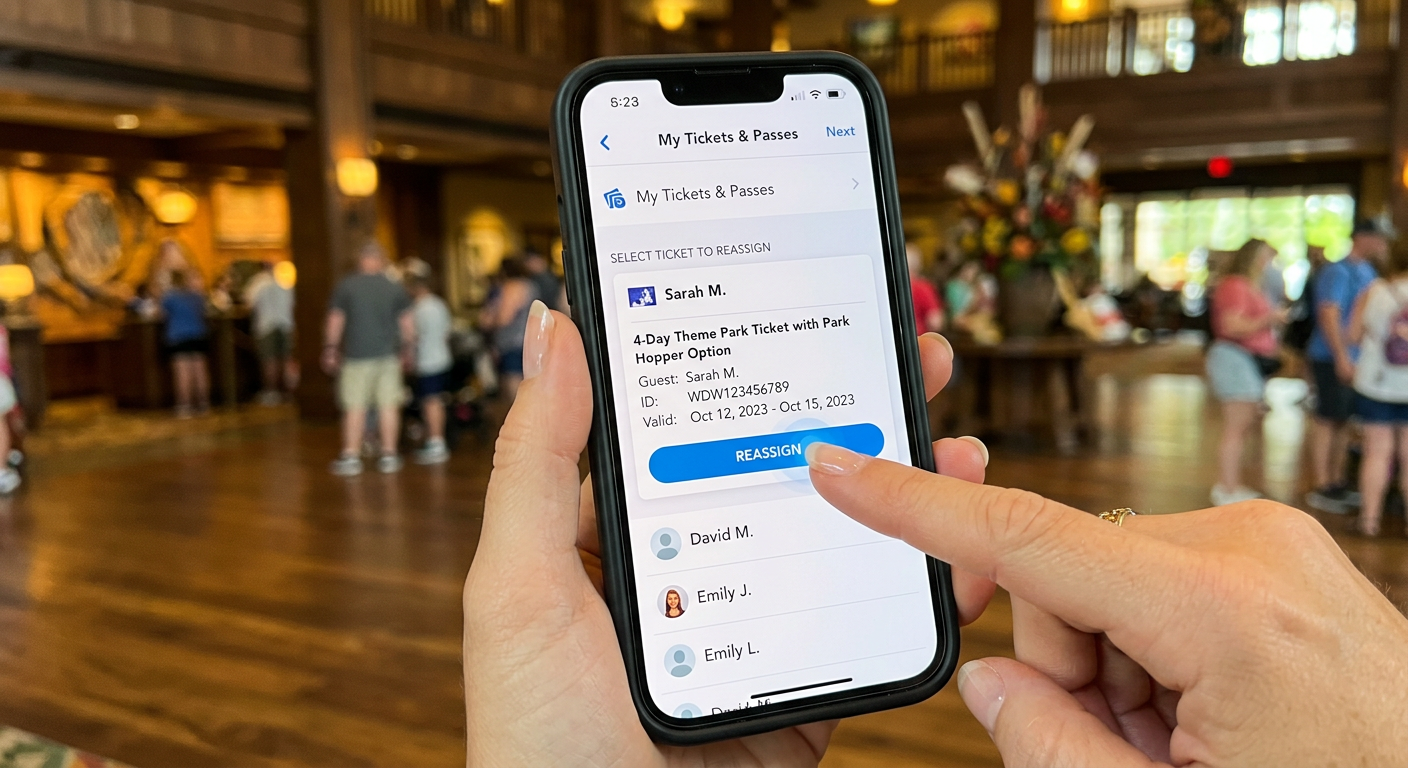 My Disney Experience app showing how to share Disney tickets with family members