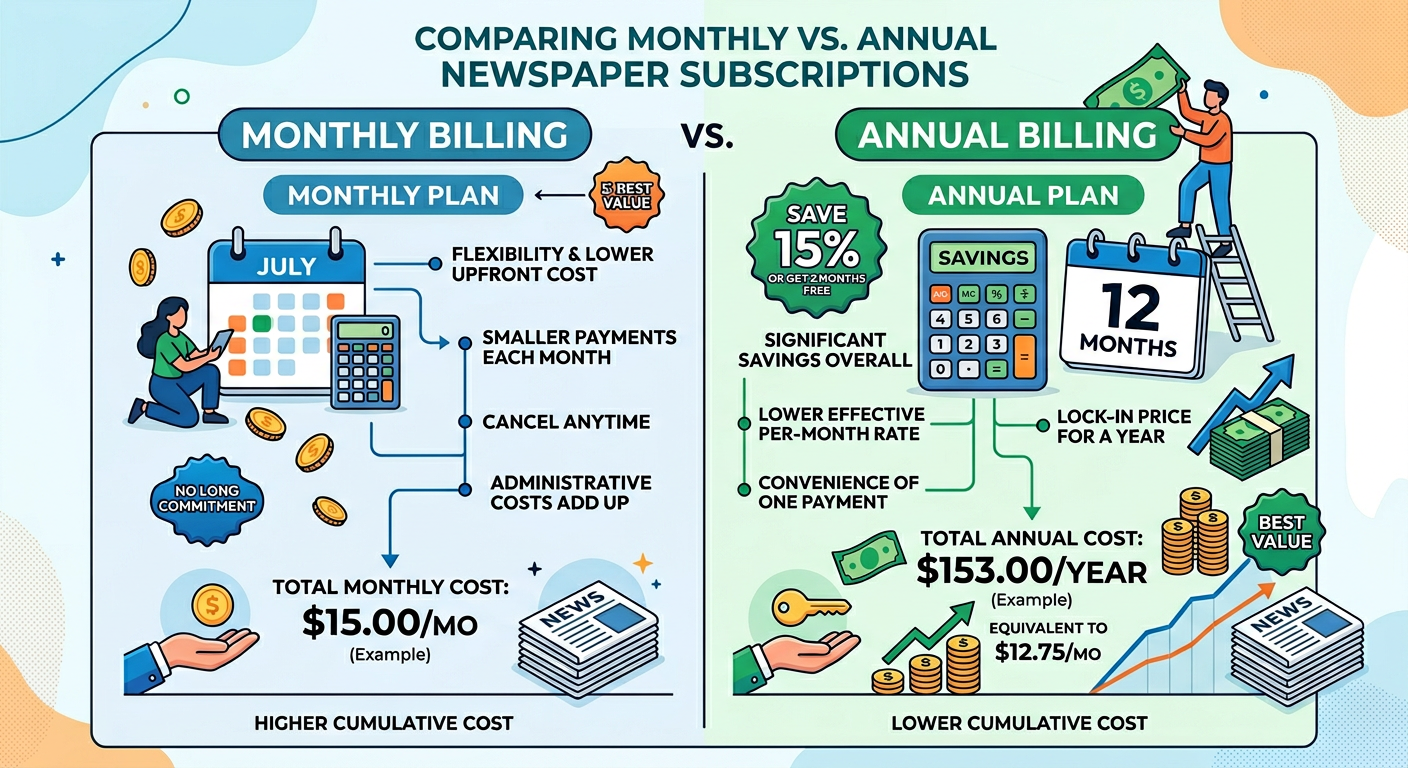 Monthly versus annual the times subscription cost comparison showing annual savings of 20-25 percent