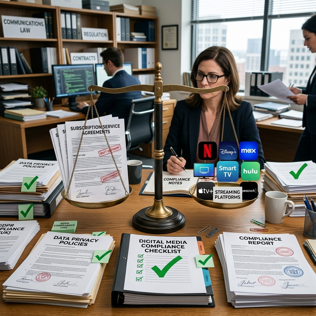 Legal scales with share subscription agreement template and streaming compliance documents