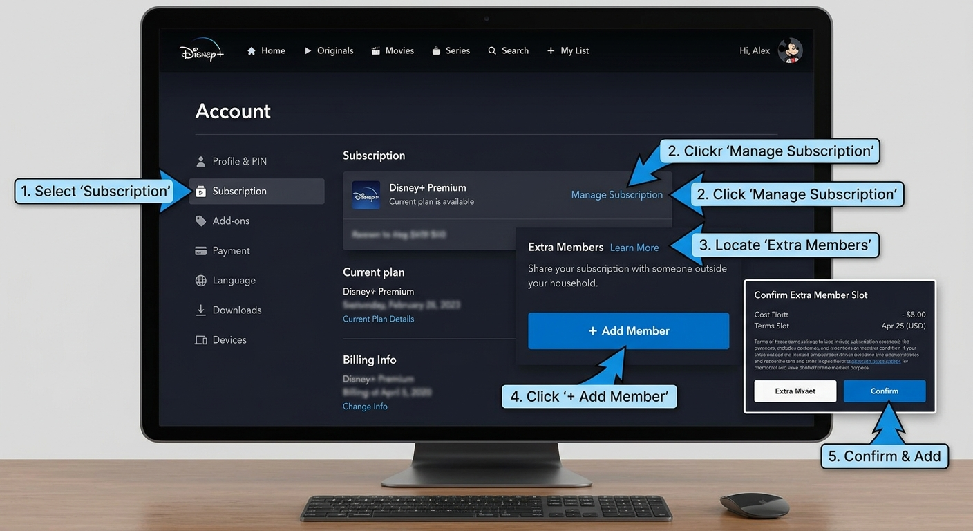 Disney Plus account settings showing how to add an extra member with step-by-step instructions