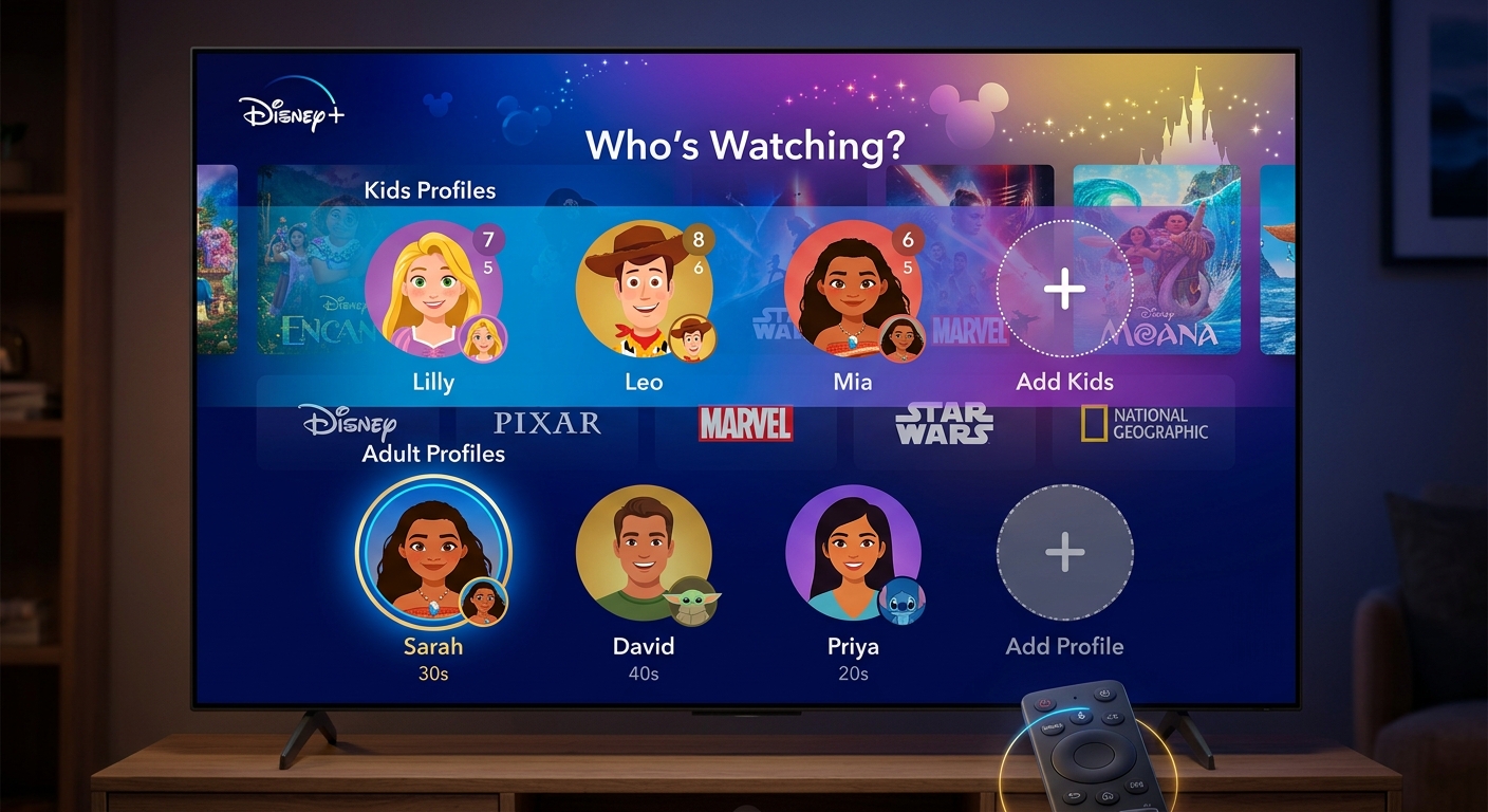 Disney Plus profile screen showing how many people can log into Disney Plus with seven profiles