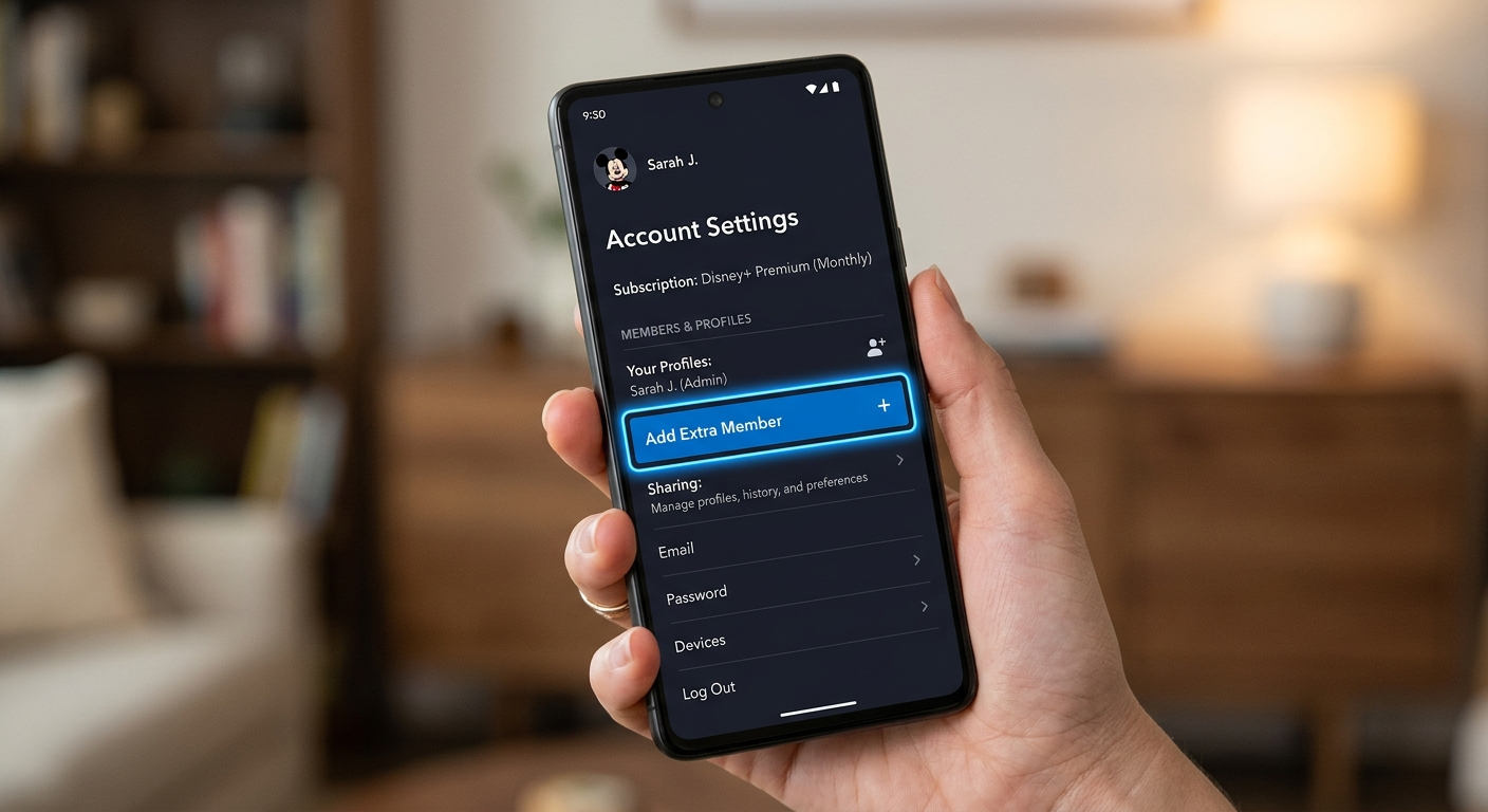 Disney Plus mobile app showing add extra member to Disney Plus account settings screen