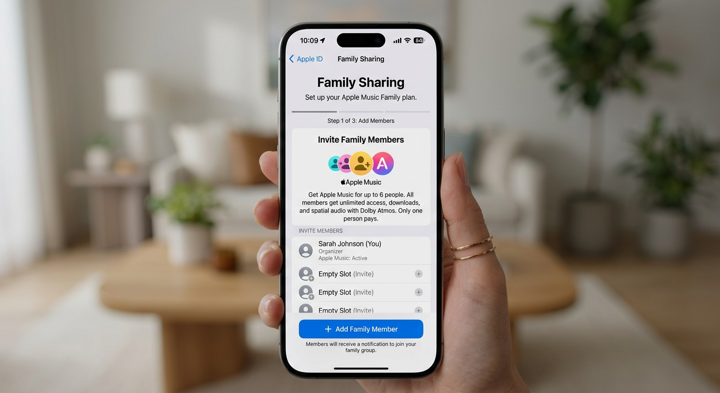iPhone settings screen showing how to share Apple Music subscription with family members