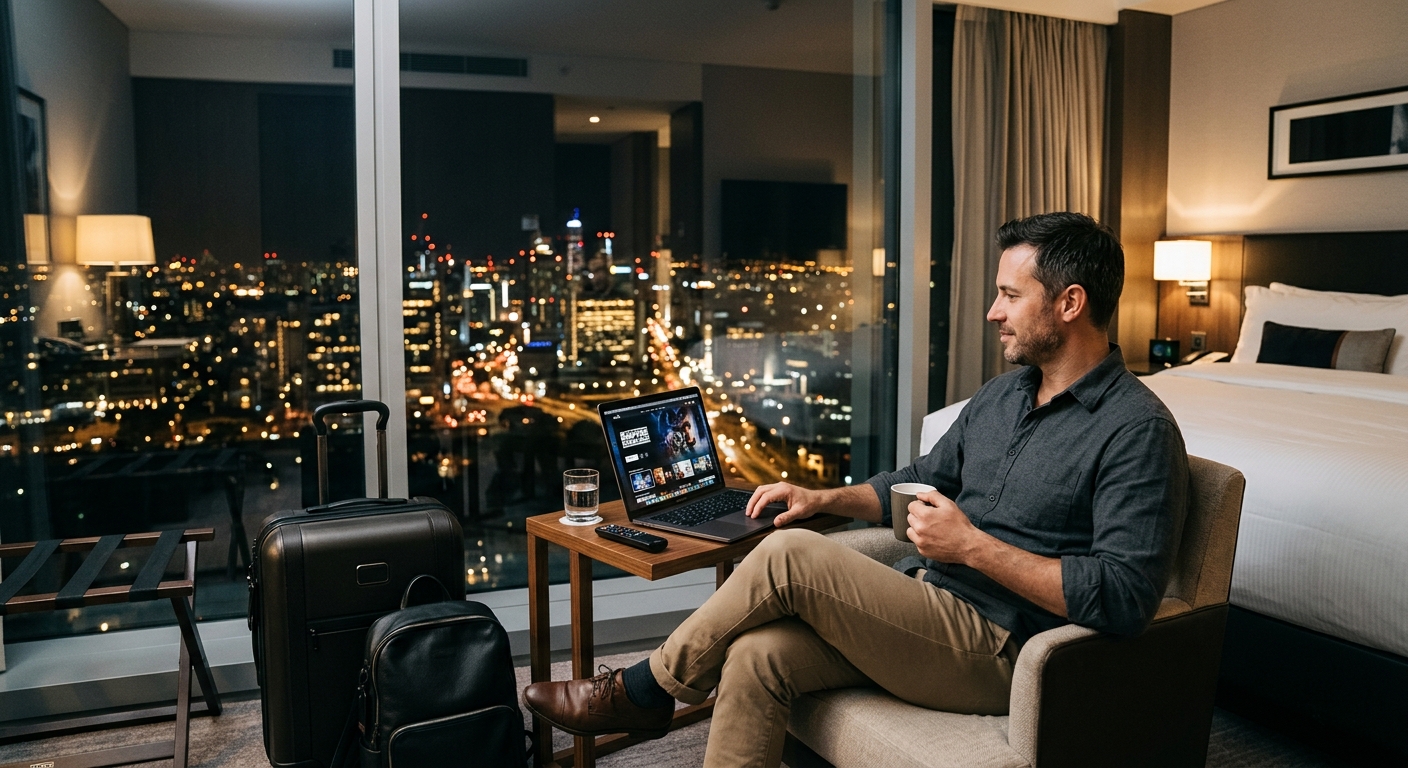 Laptop streaming Disney Plus in hotel room demonstrating away from home limit flexibility