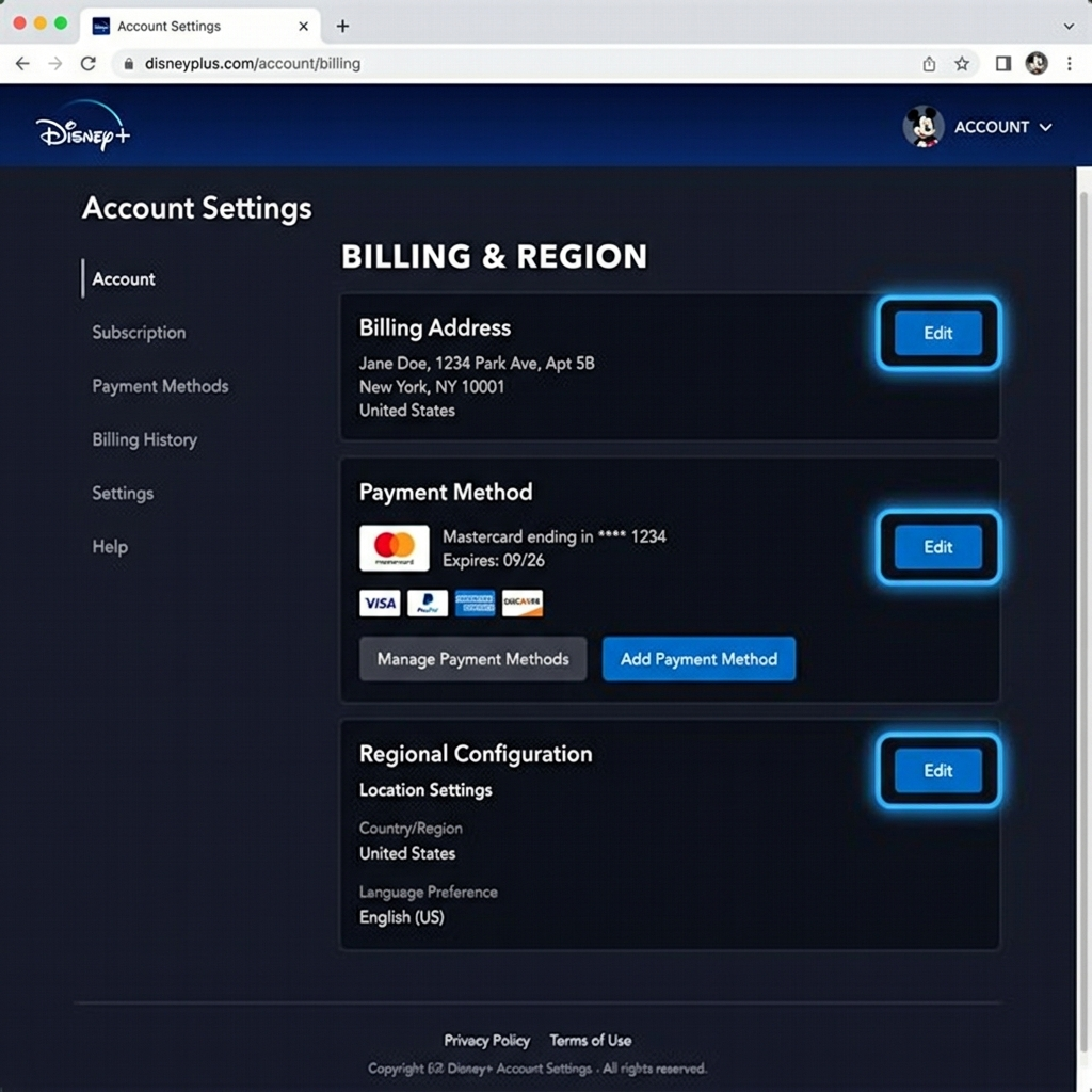 Disney Plus account settings for changing region configuration