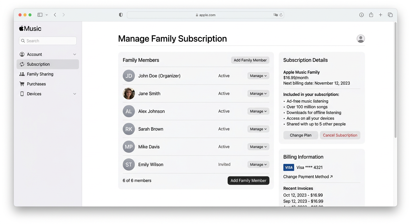 Family organizer dashboard for managing shared Apple Music subscription settings