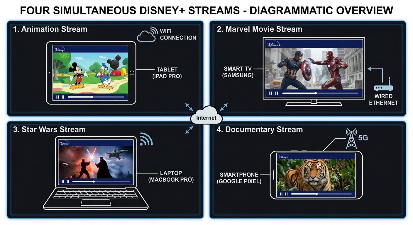 Four simultaneous Disney Plus streams demonstration for share play