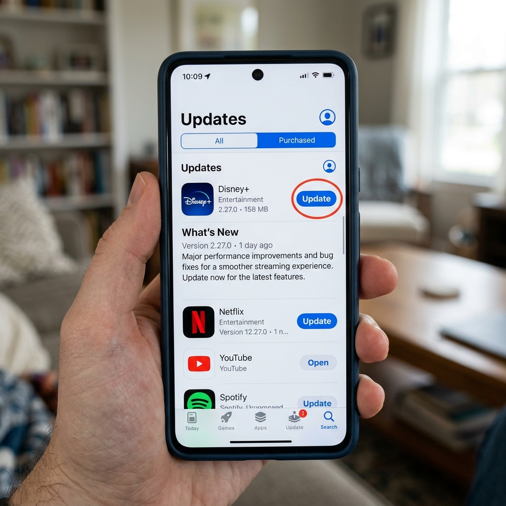 App store update screen showing Disney Plus keeps asking for code solution through updates