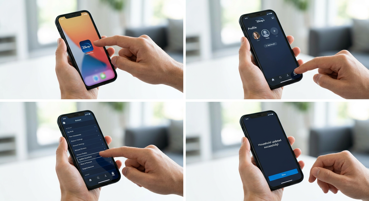 Smartphone screen showing disney plus this tv not part of household fix through household update settings